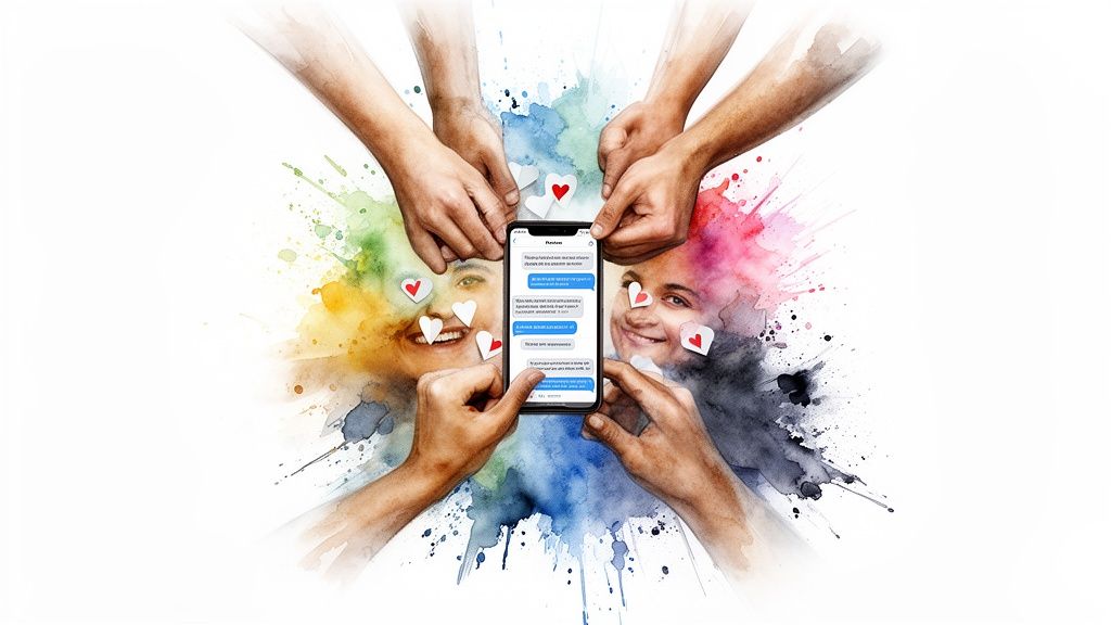Multiple hands interacting with a phone displaying a social media chat, surrounded by vibrant watercolor faces and hearts.