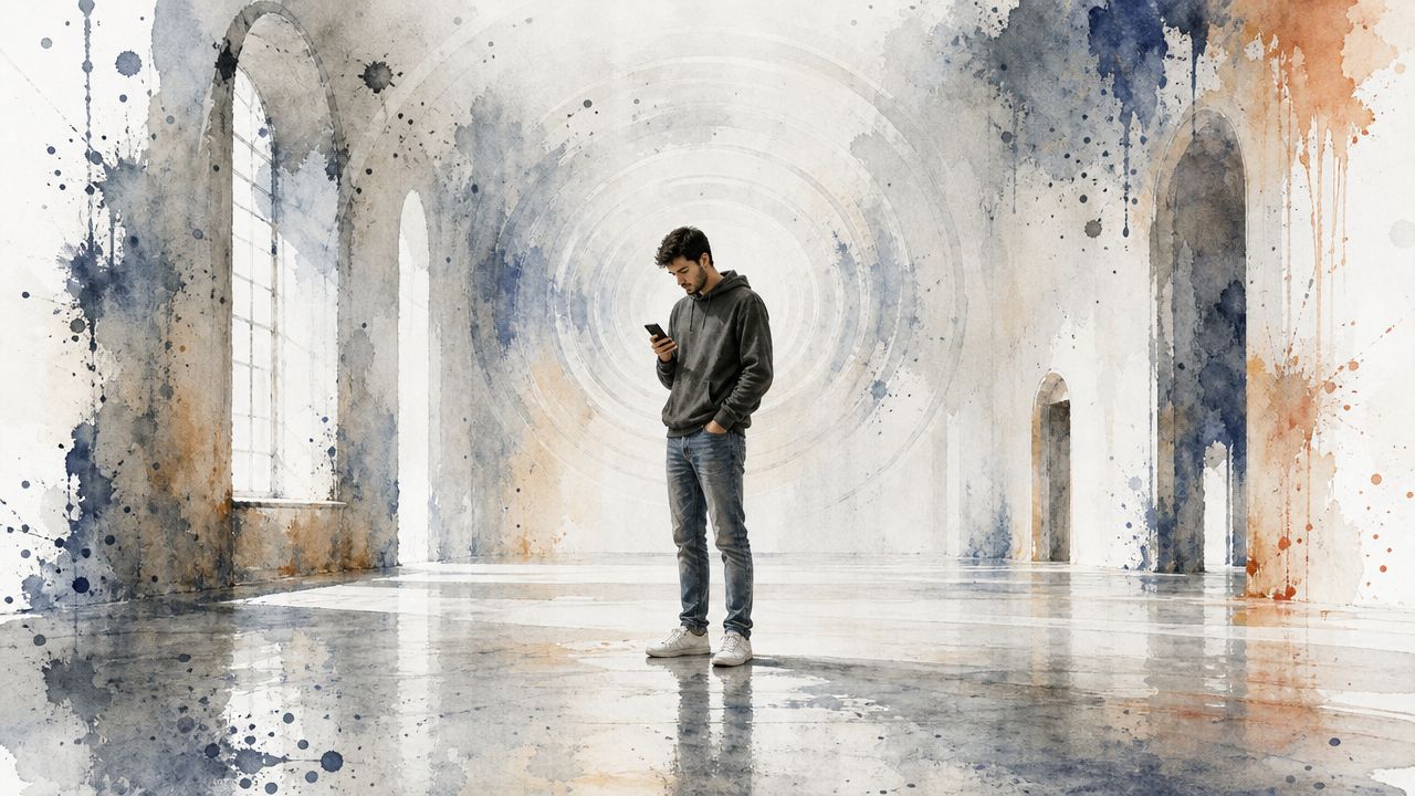 A young man standing in a spacious, abstract, watercolor-style hall, focused on his smartphone device.