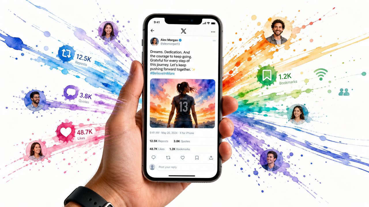 A hand holding a smartphone displaying an Alex Morgan social media post with engagement metrics and colorful splashes.