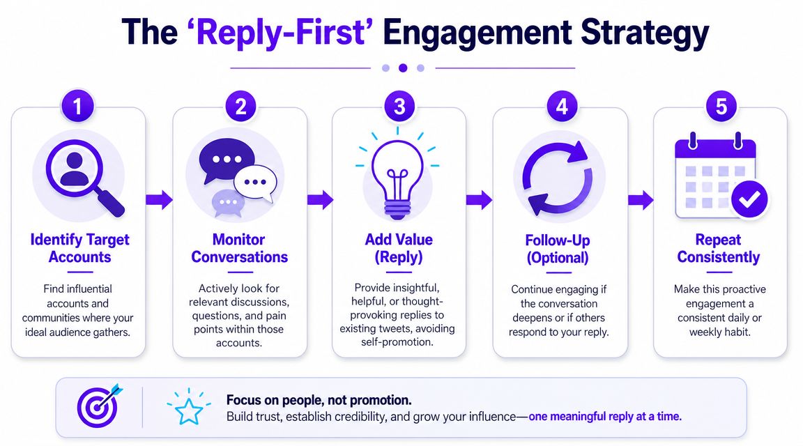 A five-step strategy guide for building Twitter engagement through purposeful replies to target accounts.