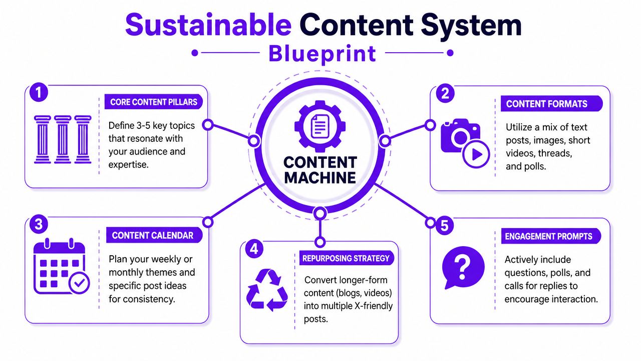 An infographic titled Sustainable Content System Blueprint showing five key strategies for creating consistent online content.
