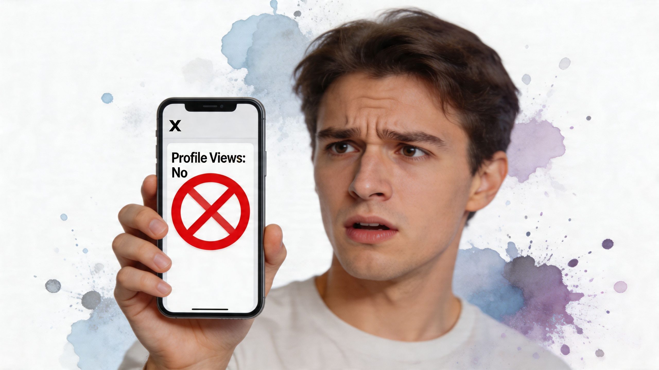A concerned young man holding a smartphone showing a message that Twitter profile views are not available.