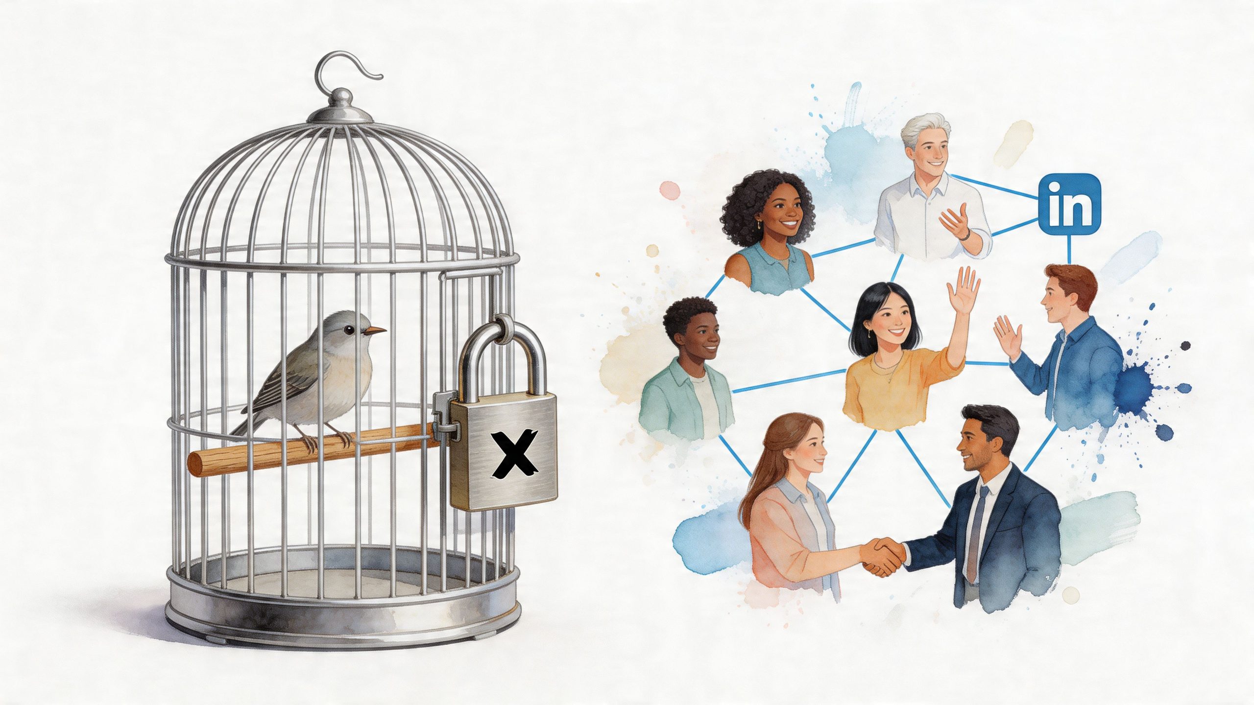 A bird trapped in a cage next to a professional network connecting people on LinkedIn social media.