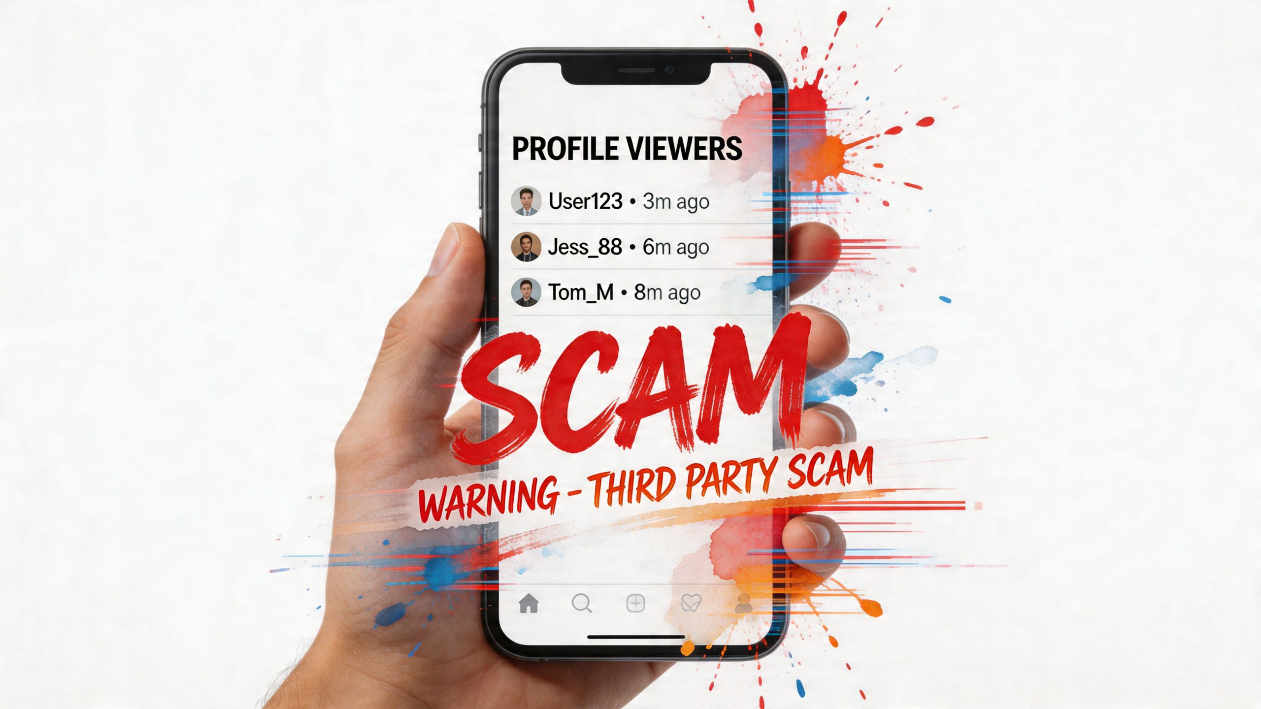 A hand holding a smartphone displaying a fake profile viewer list with a scam warning graphic overlay.