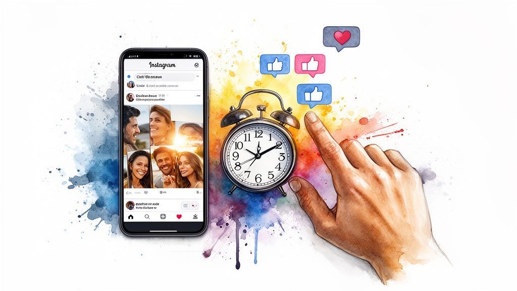 A smartphone showing Instagram, an alarm clock, and a hand, surrounded by social media likes and hearts.