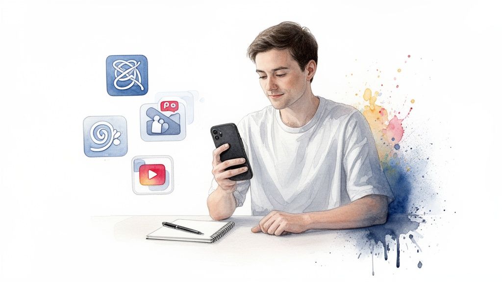 Young man in a white t-shirt using a smartphone, surrounded by app icons.