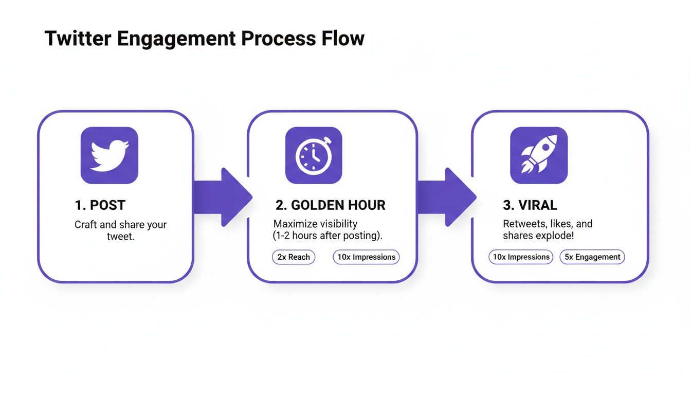 Infographic detailing the 3-step Twitter engagement process: Post, Golden Hour, and Viral stages with key metrics.