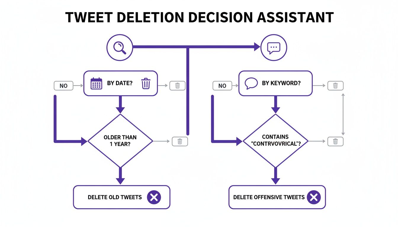 A decision assistant flowchart for deleting tweets, considering age and controversial keywords.