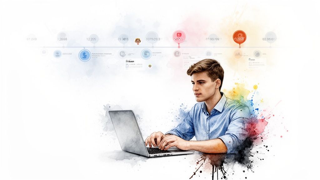 Young man working on a laptop, surrounded by colorful watercolor splatters and a data timeline.