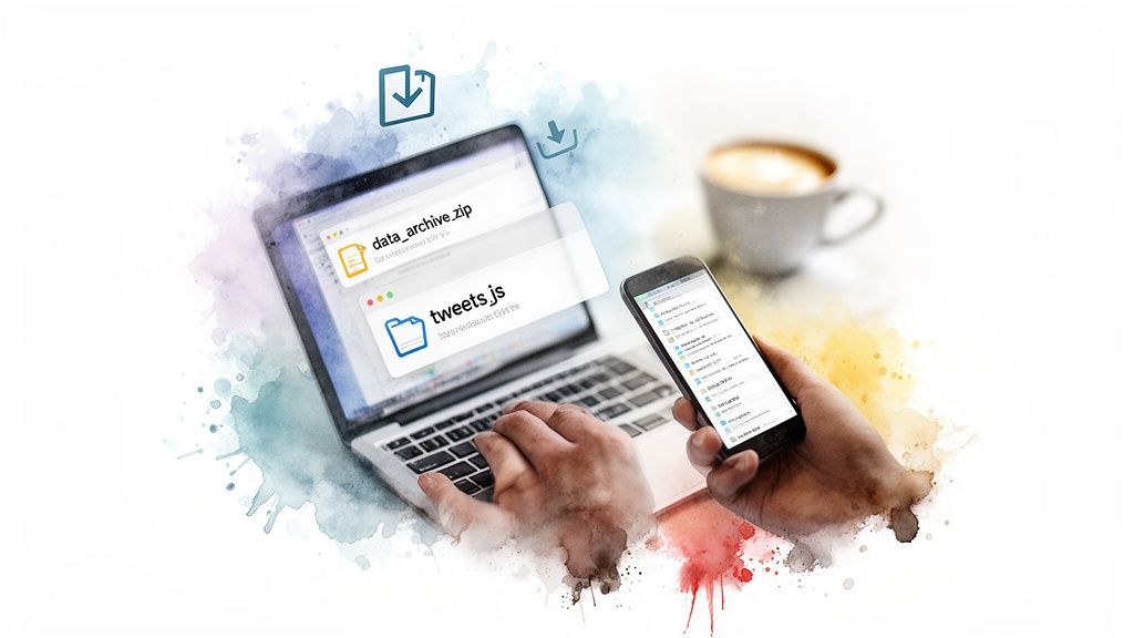 Hands on a laptop and smartphone, displaying 'tweets.js' file and other data downloads.