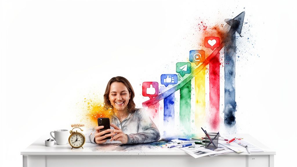 Smiling woman engaging with phone, showing watercolor social media growth chart and vibrant icons.
