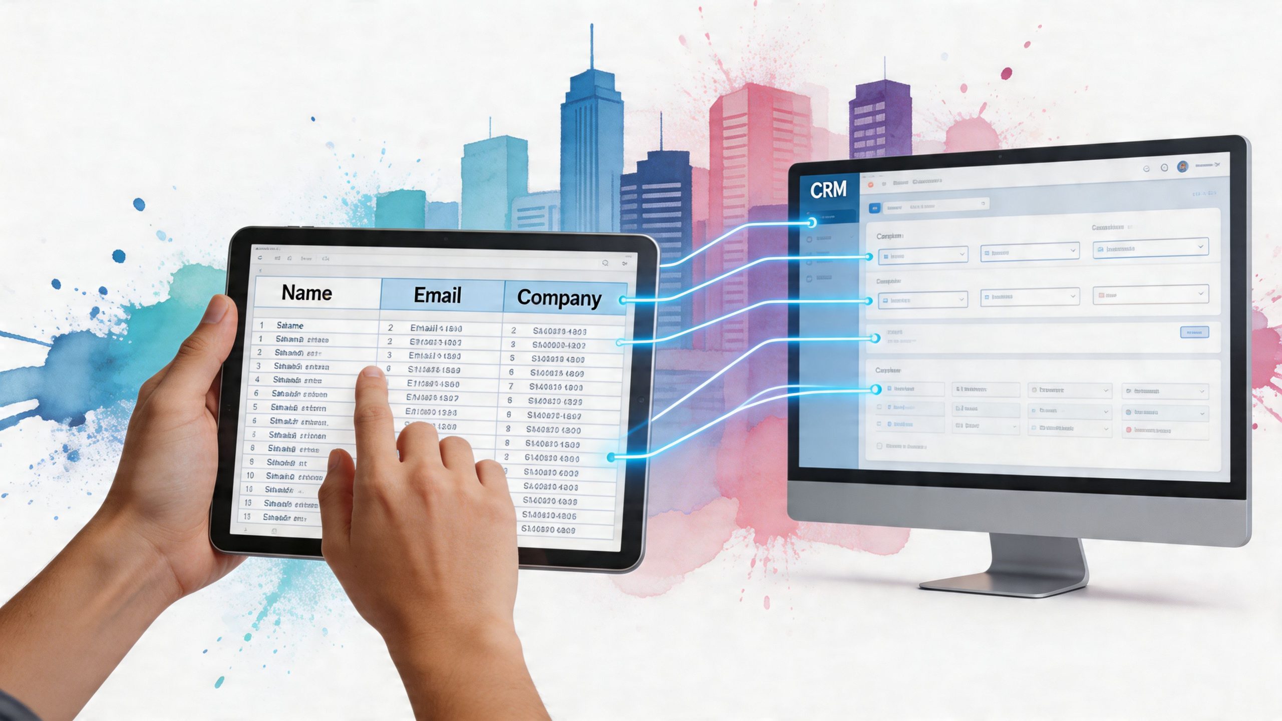 A person using a tablet to sync contact list data to a CRM platform on a computer monitor.