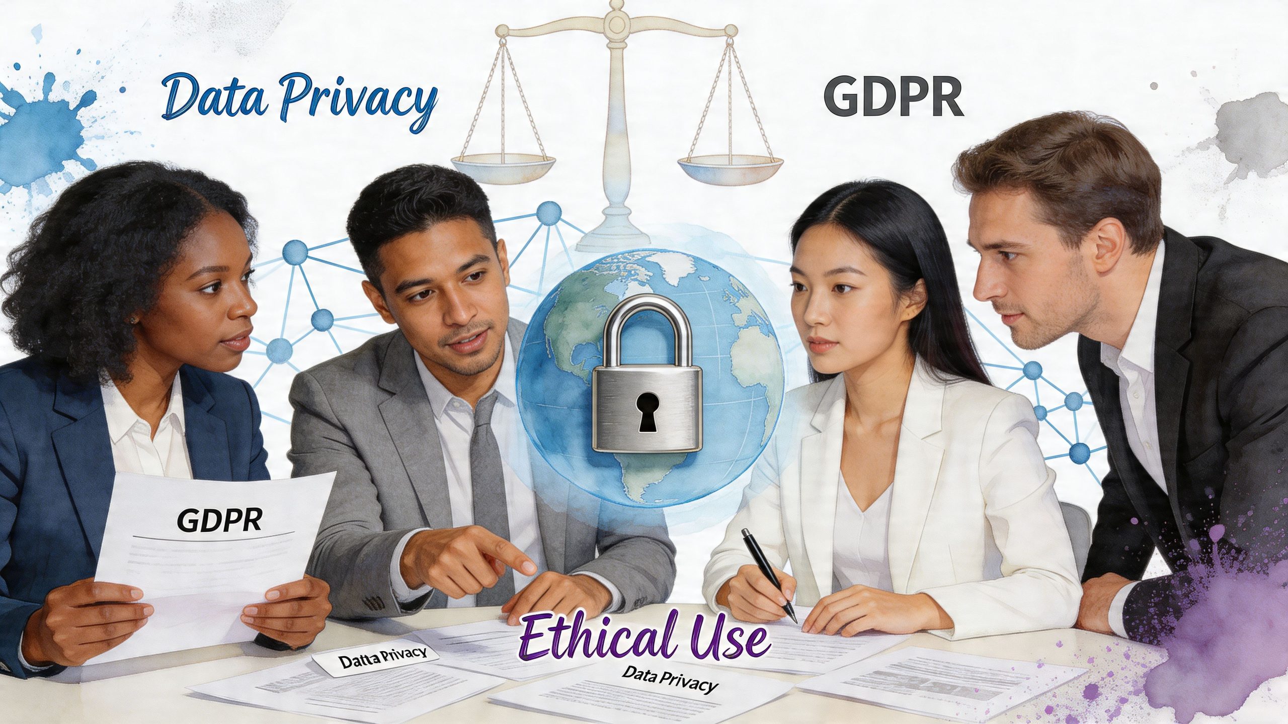 A professional team discussing GDPR and data privacy regulations in a modern corporate office setting.