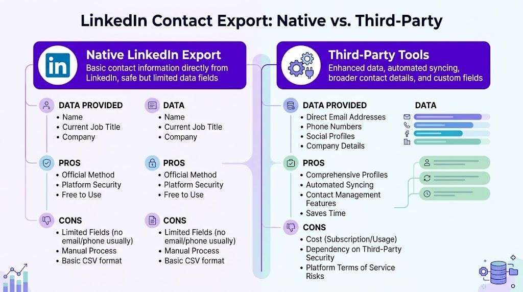 A comparison infographic showing the differences between native LinkedIn contact export and third-party tool alternatives.