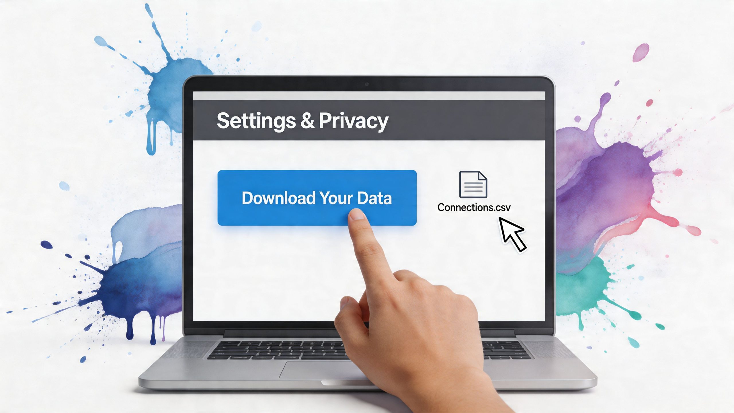 A hand pointing to a blue download your data button on a laptop screen with a file icon.