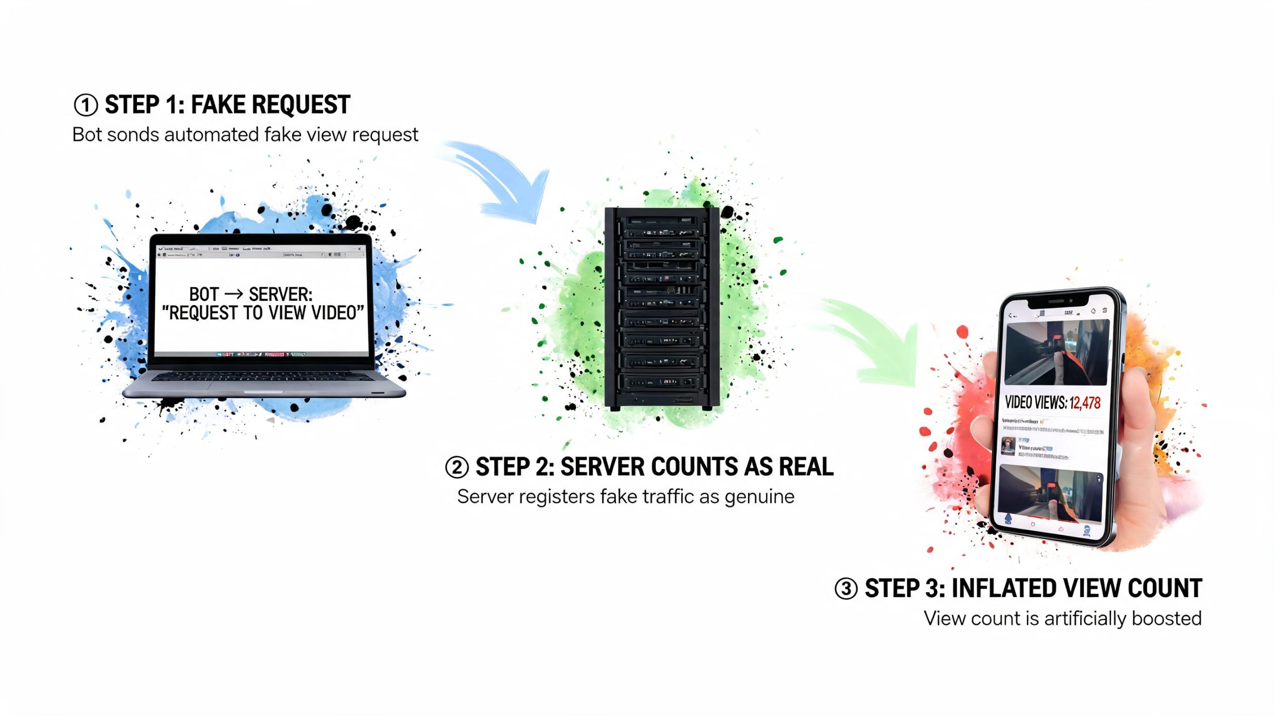 A diagram illustrating how a bot generates fake video views on a server to inflate statistics.