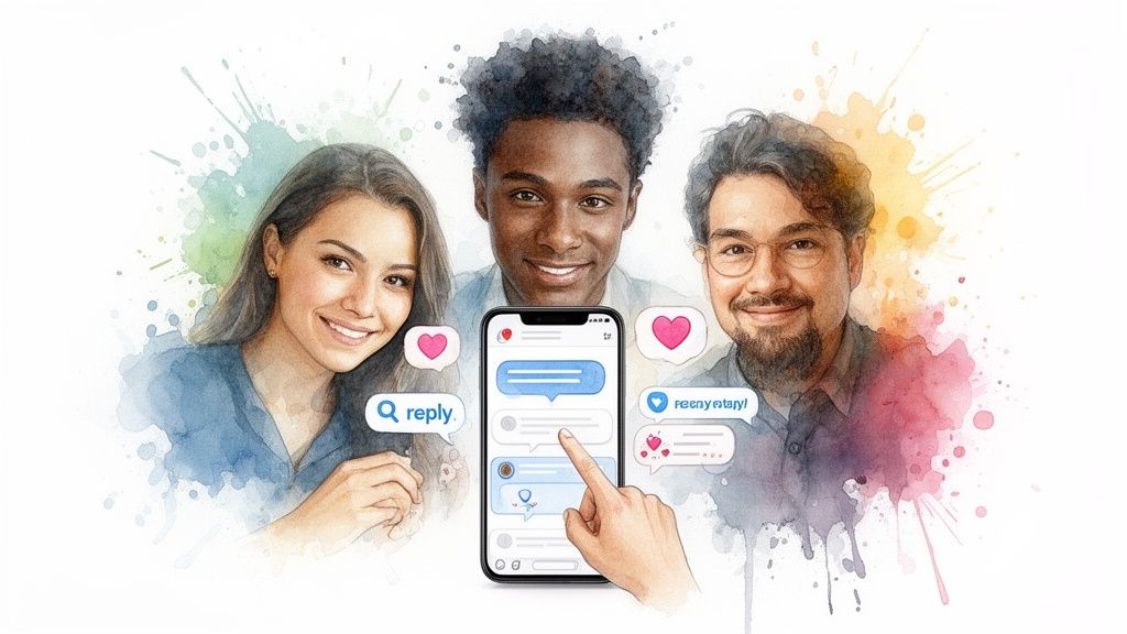 Watercolor illustration of three smiling diverse people looking at a smartphone chat app with message bubbles.