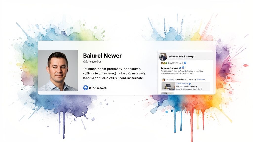 A profile card of a man named Baiurel Newer with text and social media updates on a colorful watercolor background.