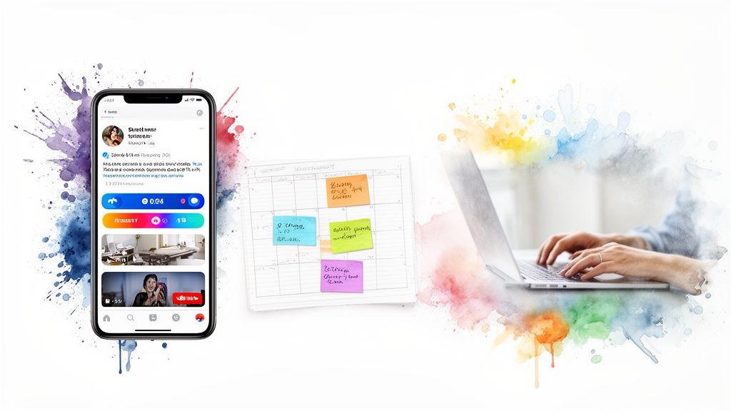 A smartphone, a calendar with sticky notes, and hands typing on a laptop with colorful watercolor splashes.