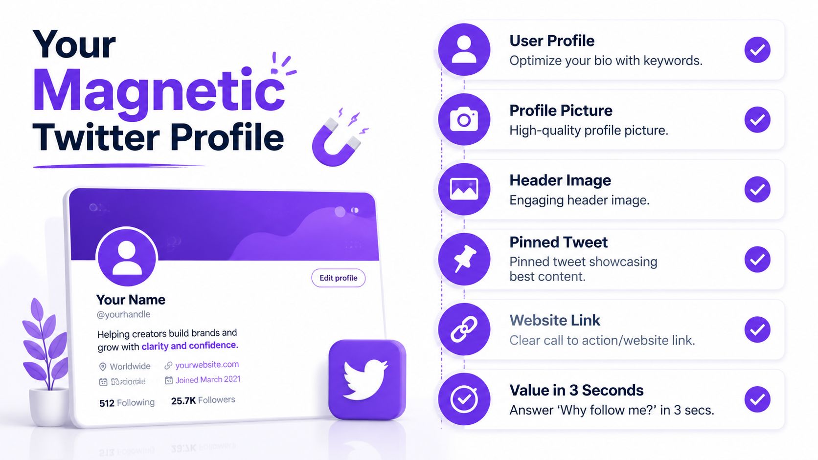 A checklist infographic illustrating tips to build a magnetic and professional-looking Twitter profile for better engagement.