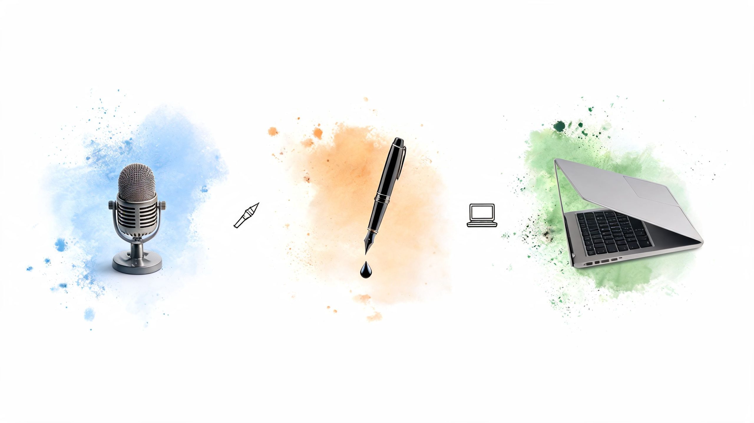 An illustration showing a microphone, a fountain pen, and a laptop against abstract colored watercolor splashes.