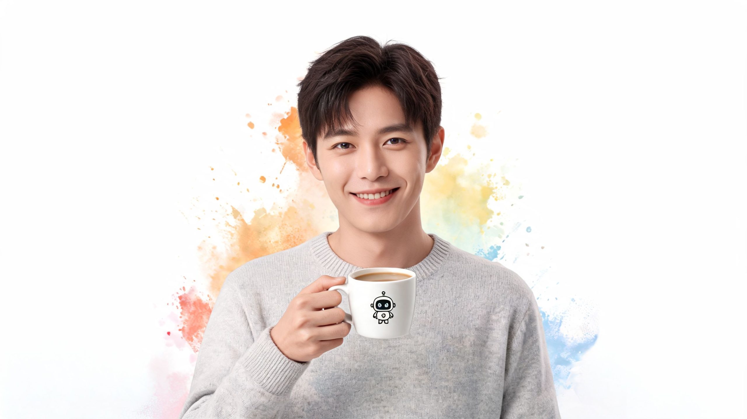 A cheerful young man in a gray sweater holding a mug with a cute robot design.