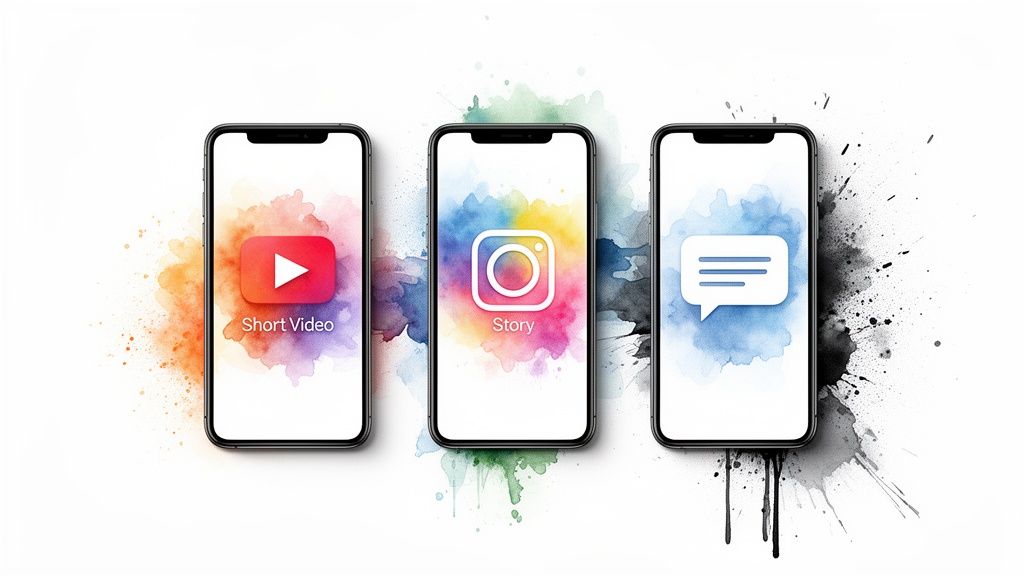Three smartphones display icons for short video, Instagram story, and messaging on watercolor backgrounds.