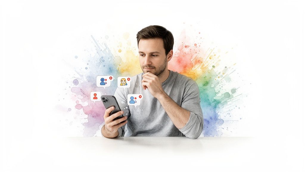 Thoughtful man looking at a smartphone with social media notification icons in a colorful setting.