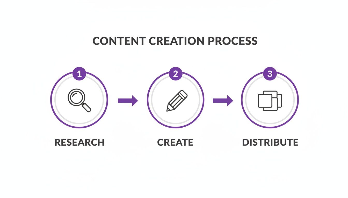 A diagram outlining the 3-step content creation process: research, create, and distribute with icons.