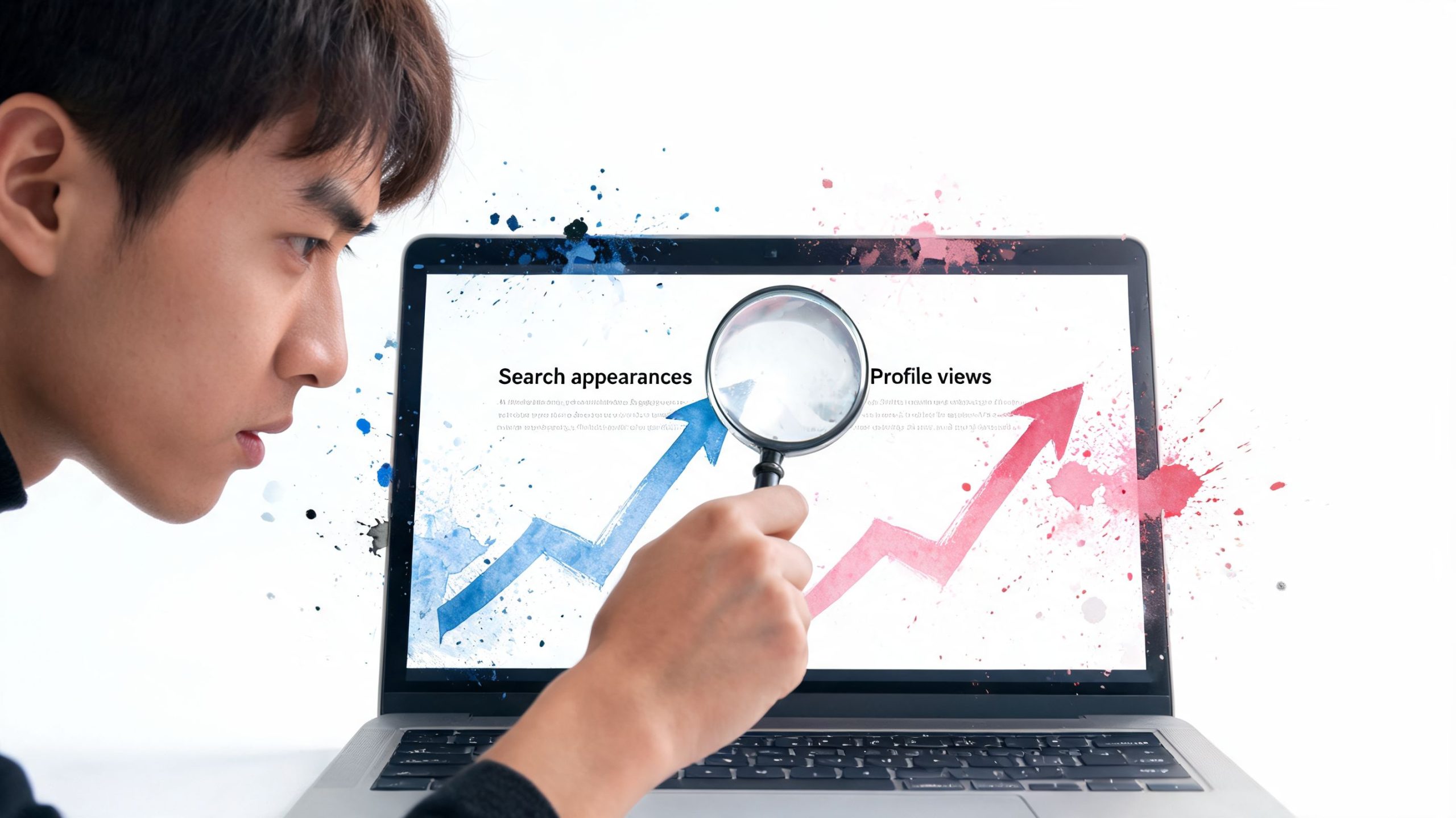 A young man examines a laptop screen displaying growth charts for search appearances and profile views.