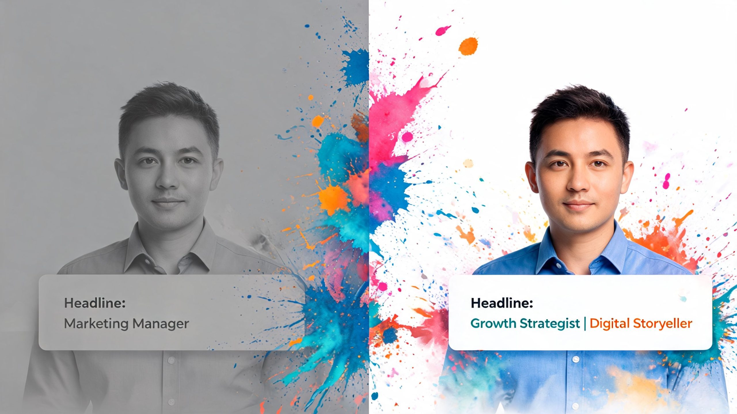 A split-screen comparison showing a professional man with a creative, colorful LinkedIn headline transformation.