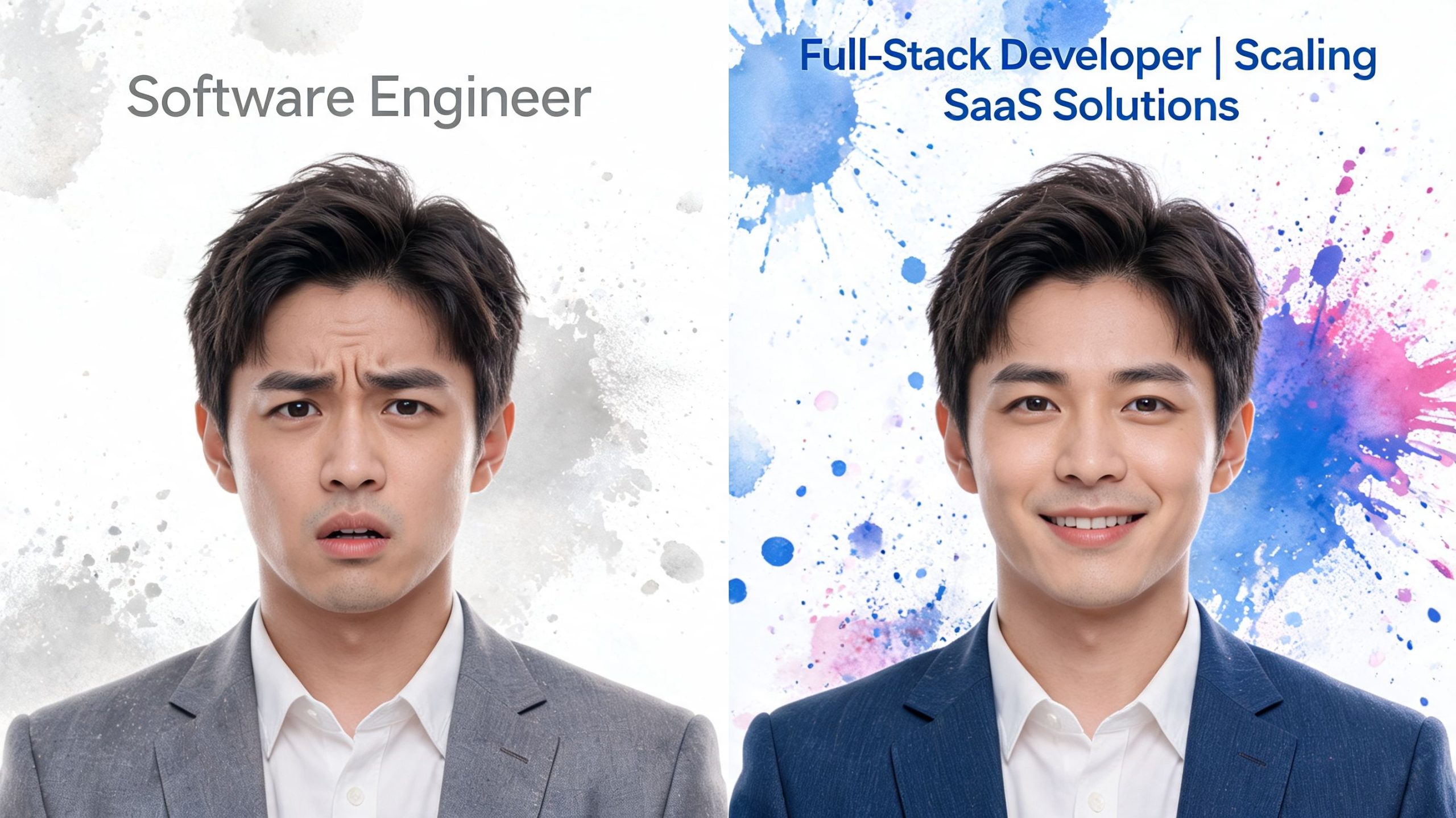 A split-screen comparison of a man in a suit looking stressed versus confident with text overlays.