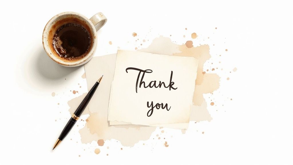 A person sending a thank-you message on their laptop, with a warm and appreciative expression.