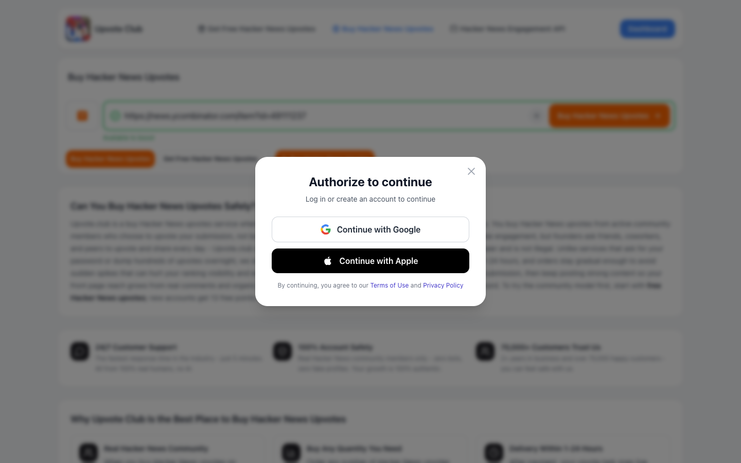 Step 2: Create Upvote.club account with Google or Apple