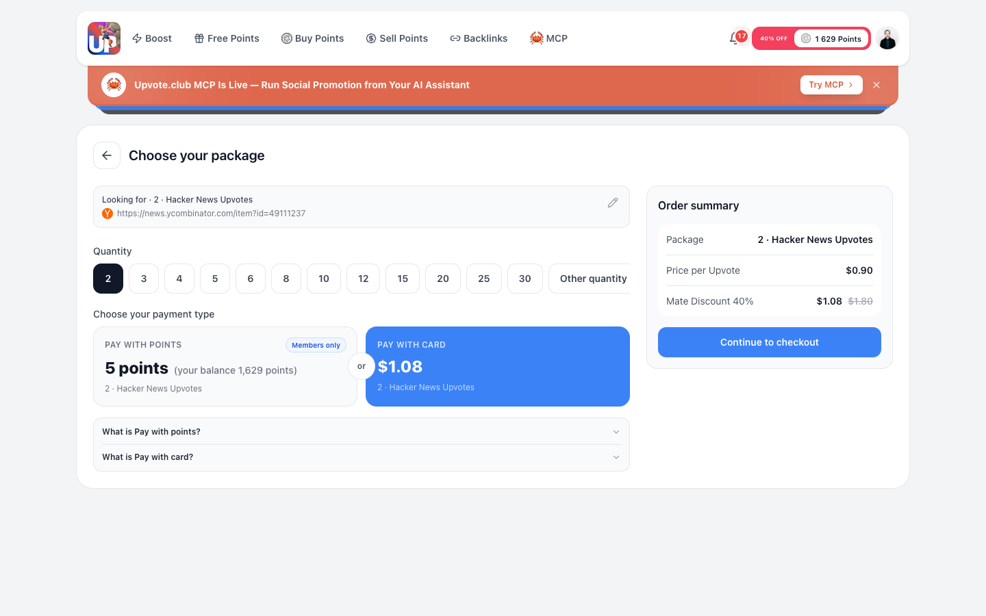 Step 5: Review and pay for Hacker News upvotes on Upvote.club