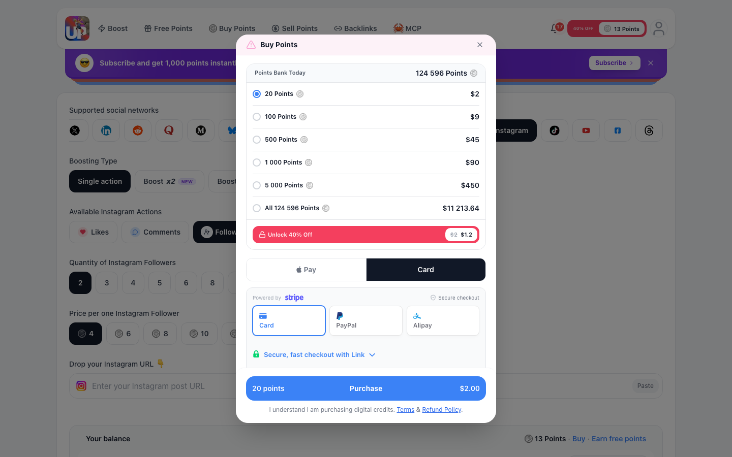 Step 5: Review and pay for Instagram followers on Upvote.club