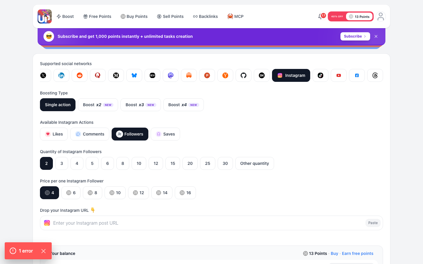 Step 4: Choose your Instagram followers quantity on Upvote.club