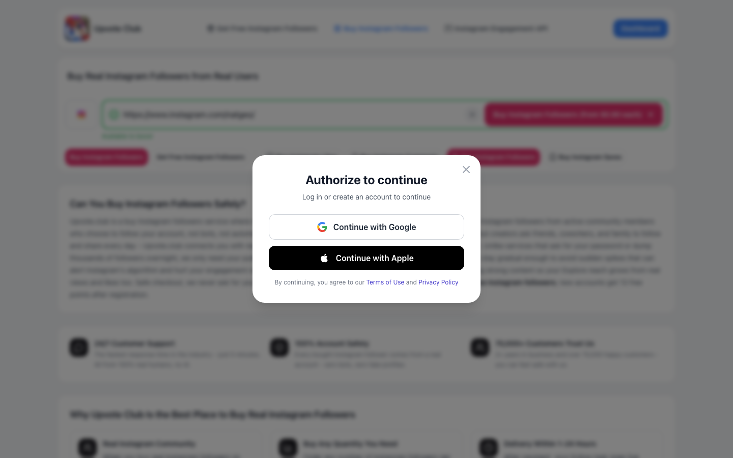 Step 2: Create your account with Apple or Google on Upvote.club