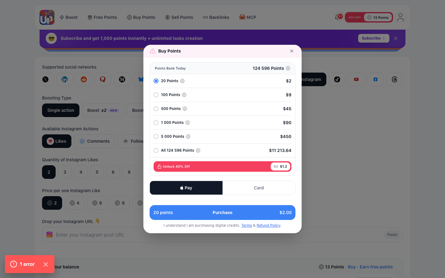 Step 6: Review and pay for Instagram likes on Upvote.club