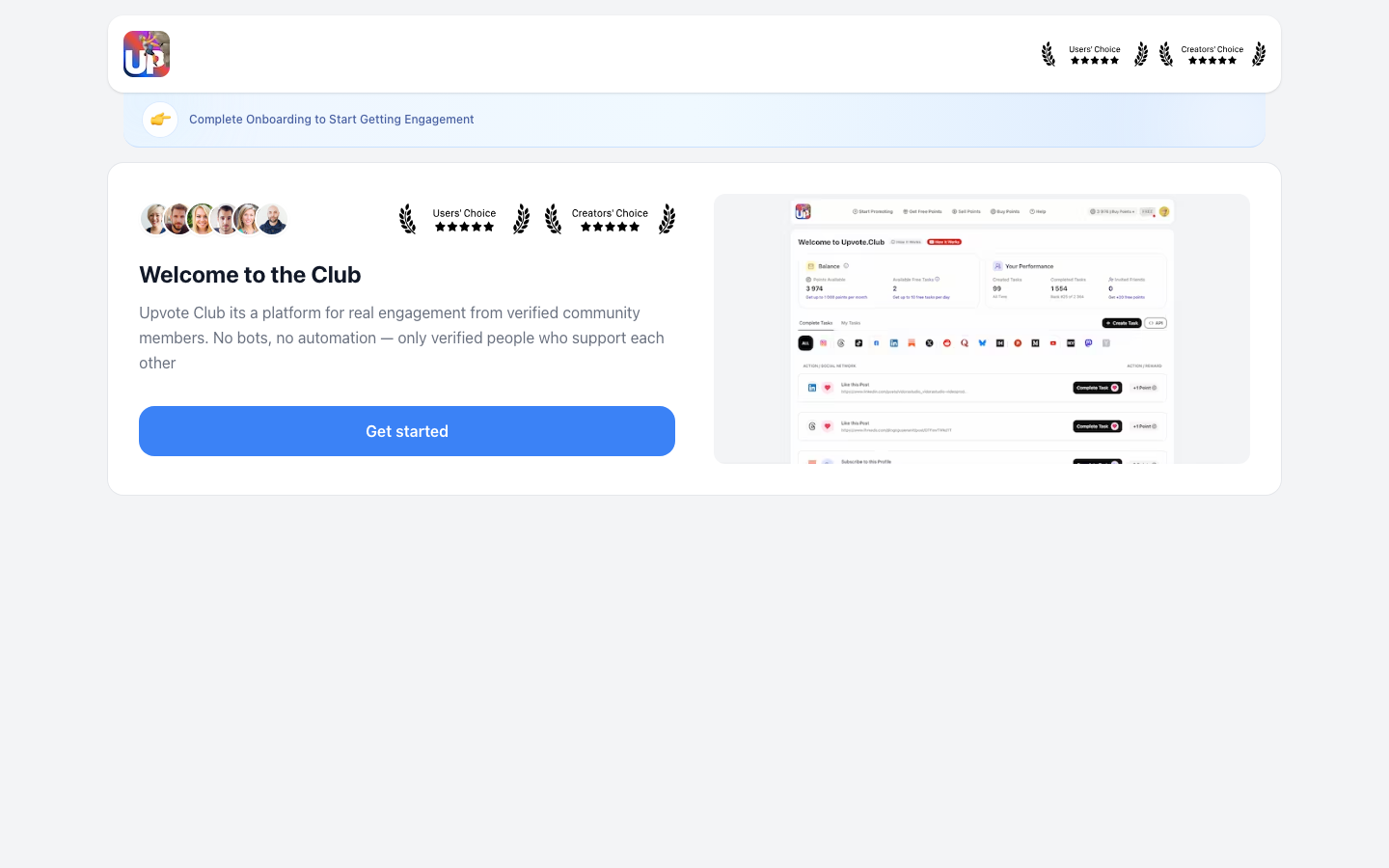 Step 3: Welcome to the Club on Upvote.club
