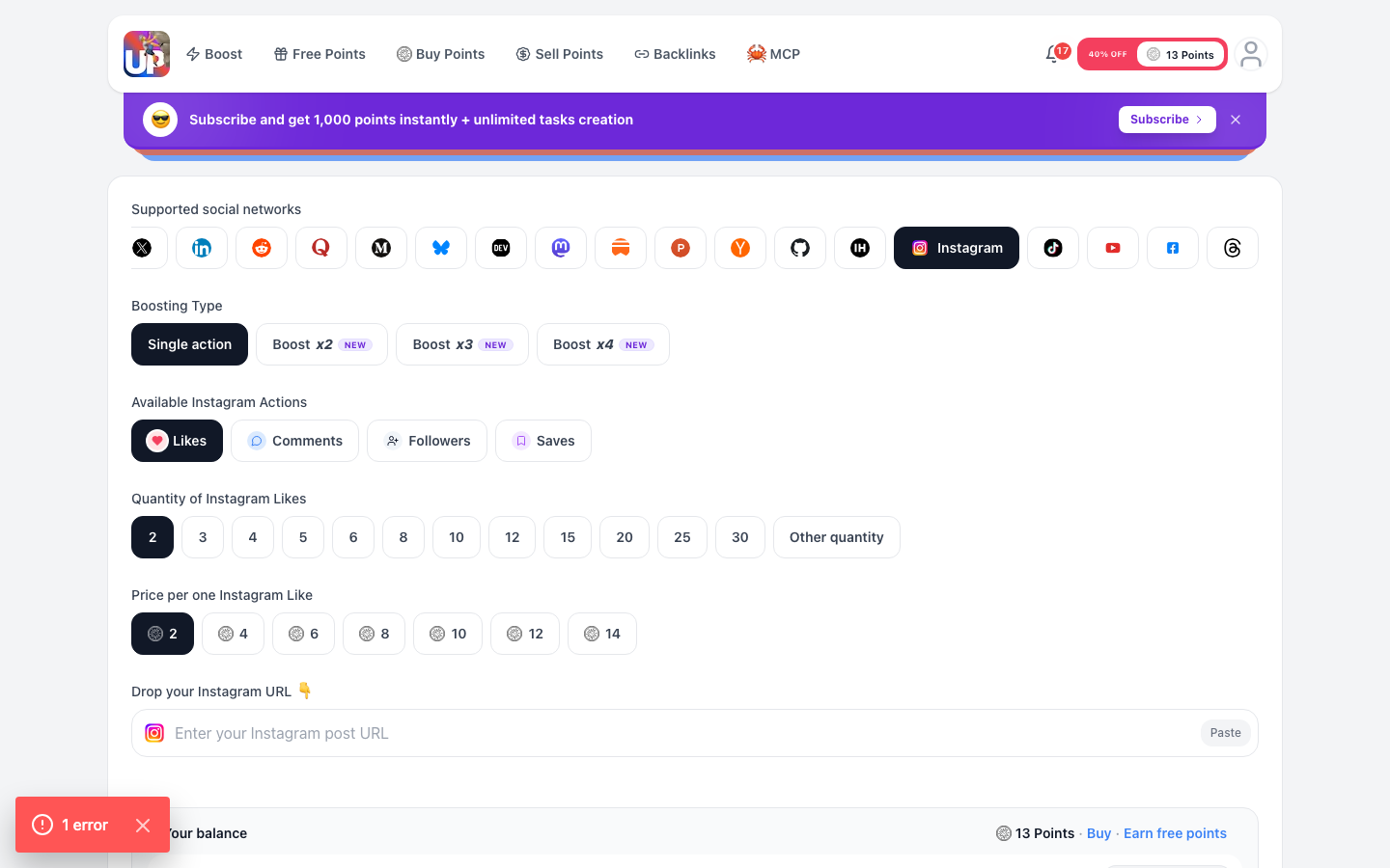 Step 5: Choose your Instagram likes quantity on Upvote.club