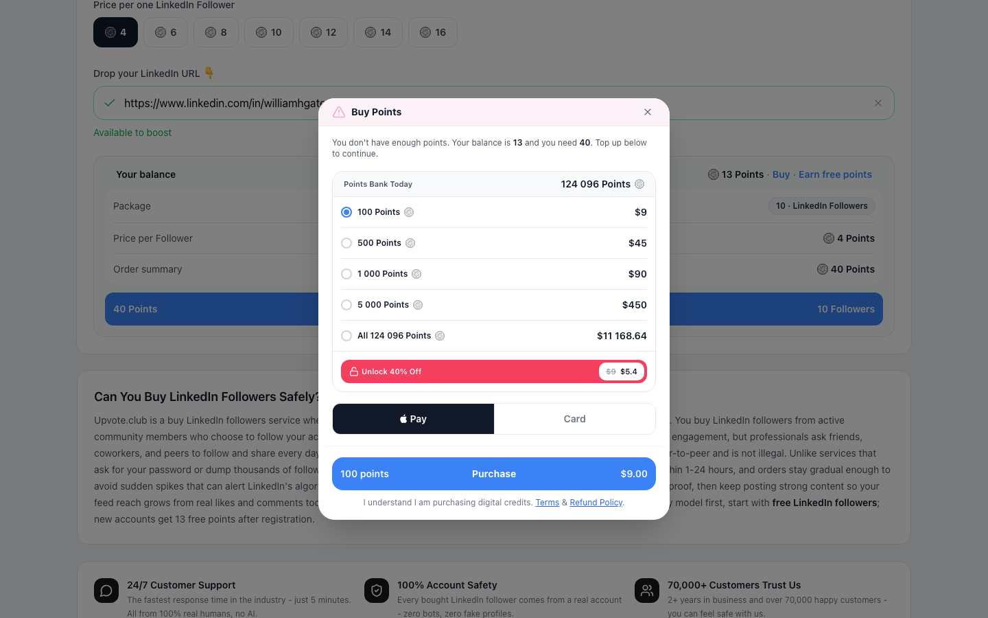 Step 5: Review and pay for LinkedIn followers on Upvote.club