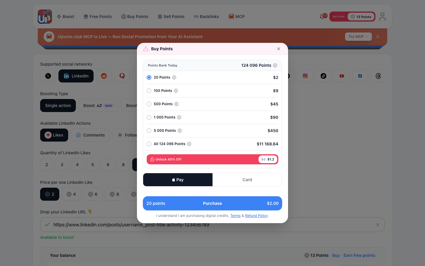 Step 5: Review LinkedIn likes order and secure Stripe payment on Upvote.club