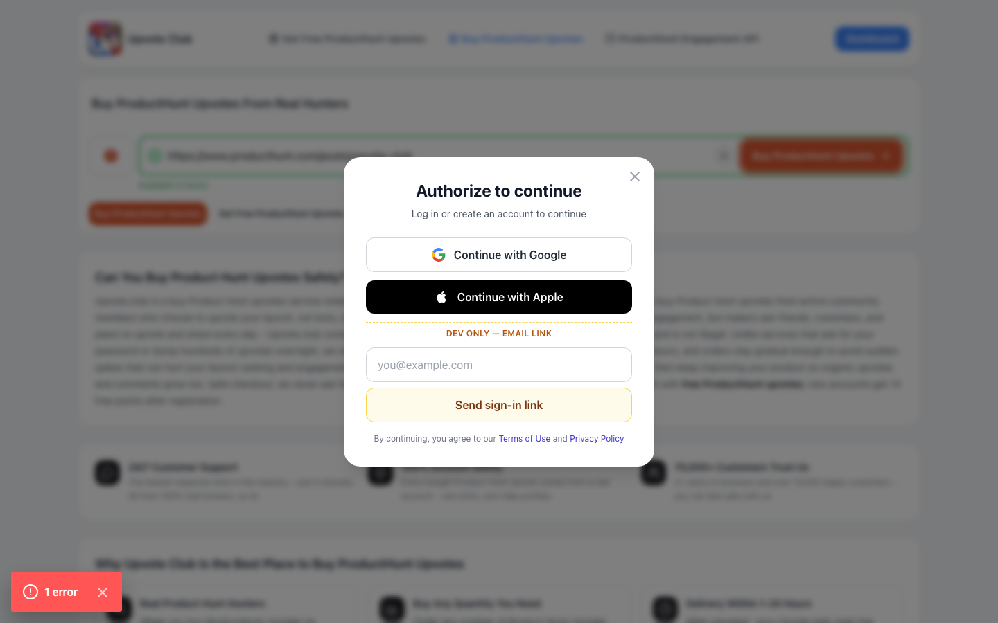 Step 2: Create Upvote.club account with Google or Apple