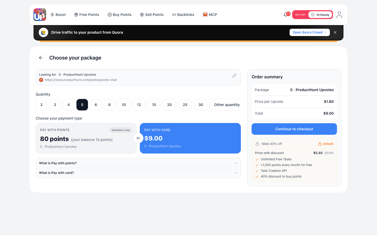 Step 5: Review and pay for Product Hunt upvotes on Upvote.club