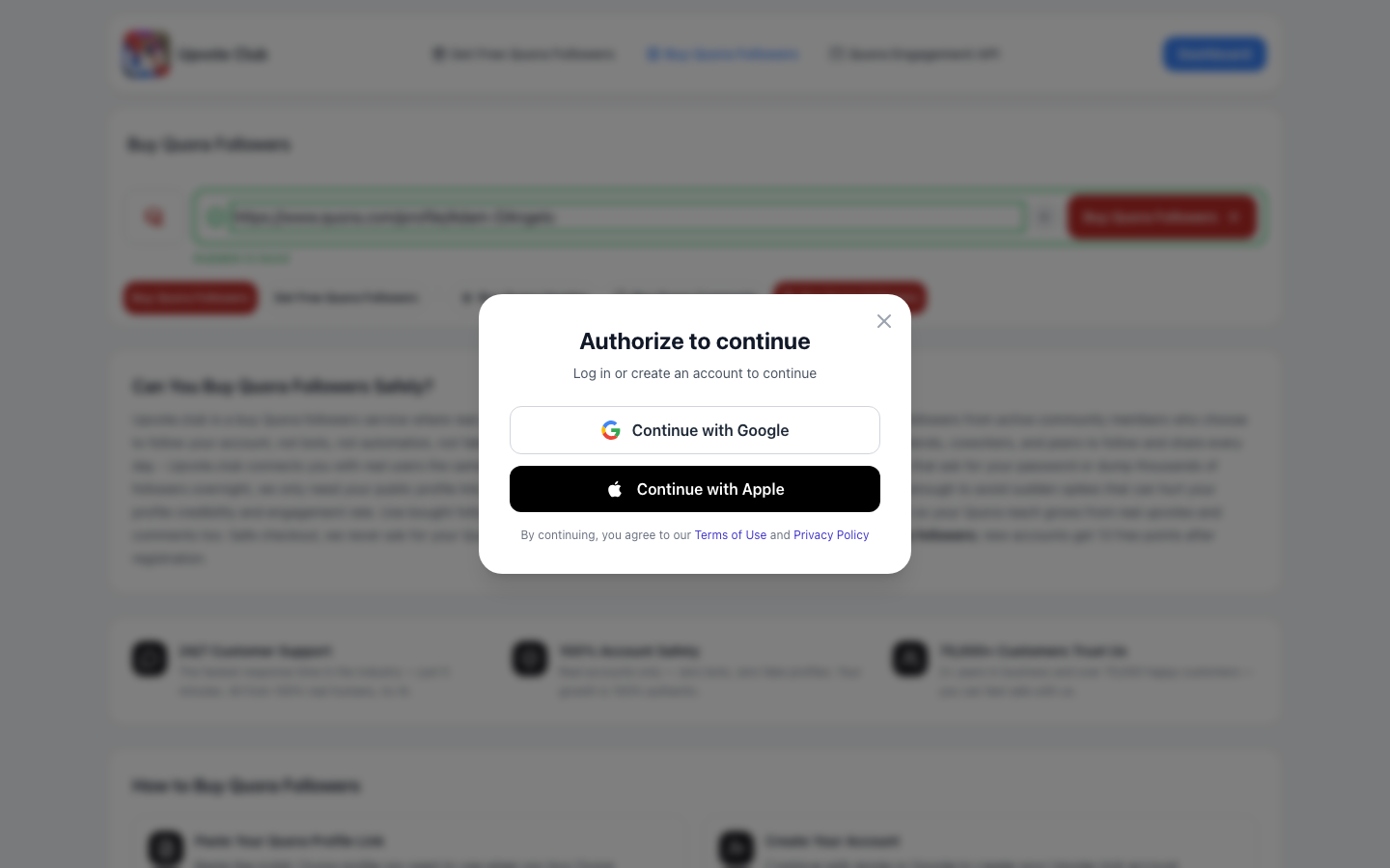 Step 2: Create account with Apple or Google on Upvote.club