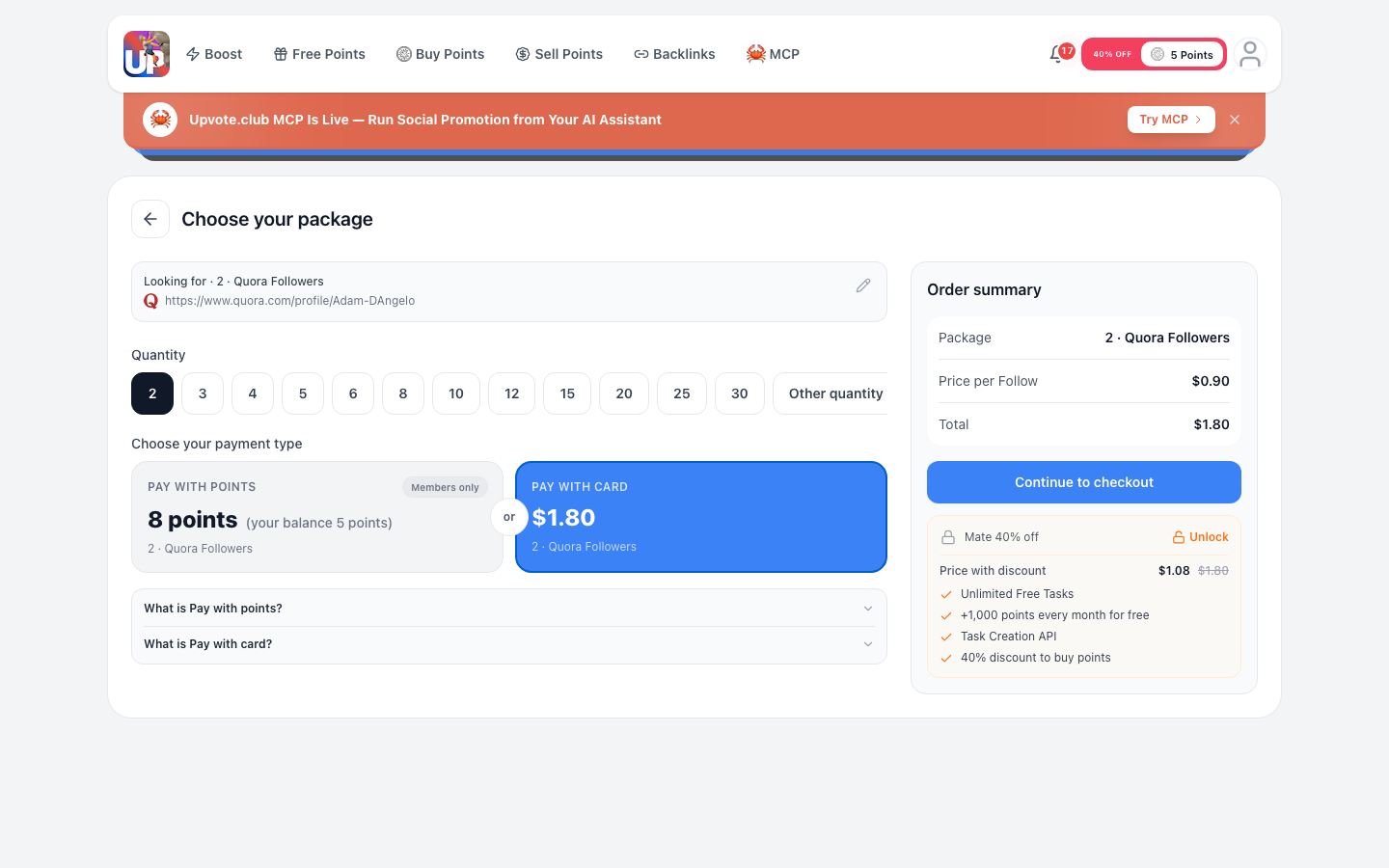 Step 5: Review Quora followers order and continue to checkout