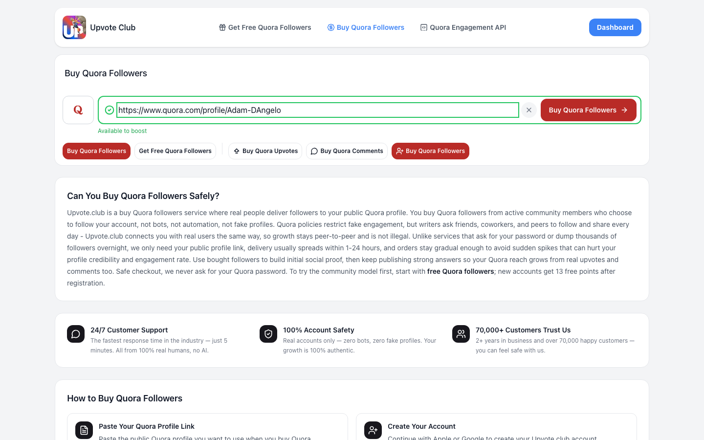 Step 1: Paste Quora profile link on Upvote.club