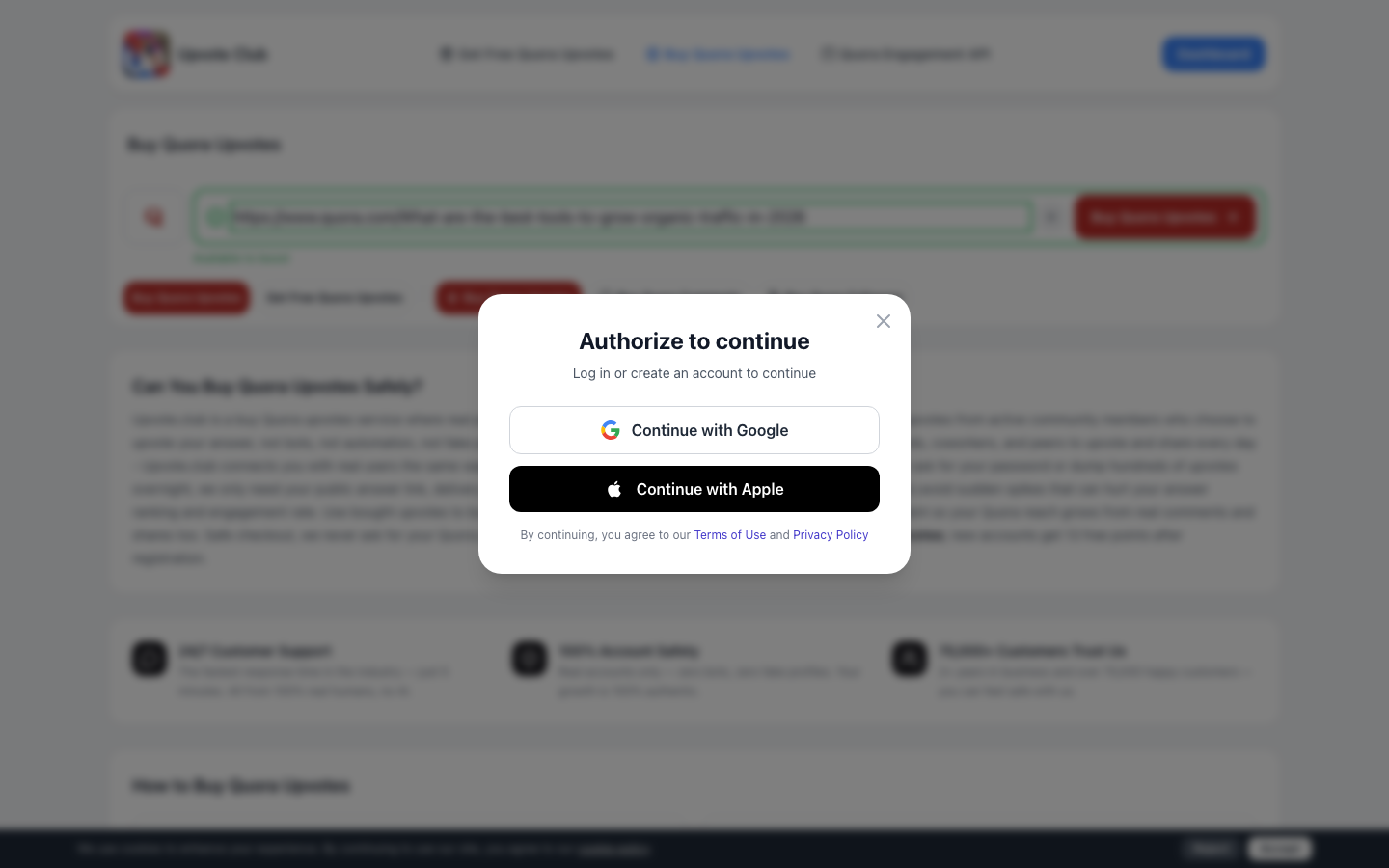 Step 2: Create account with Apple or Google on Upvote.club