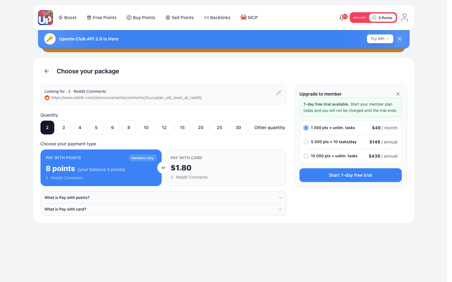 Step 4: Choose Reddit comments quantity in cart